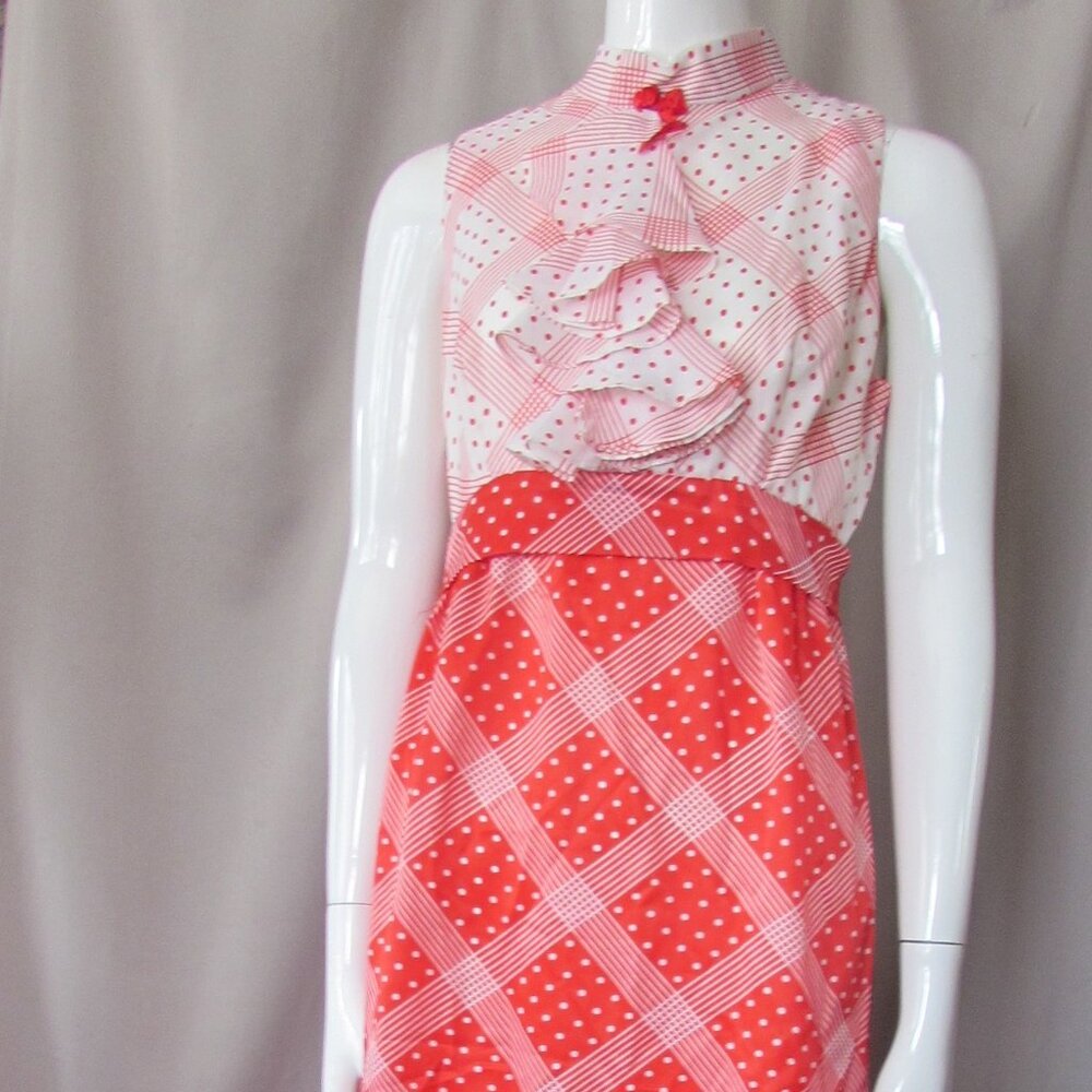 SALE 1970 Era Gay Gibson Long Summer Dress Red White Patchwork